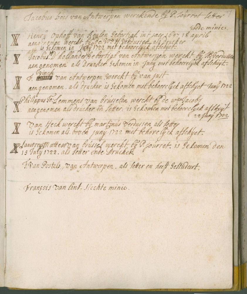 Archief Officina Plantiniana, Aantekeningen met betrekking tot een reeks sollicitatiegesprekken gehouden in de Plantijnse drukkerij (juni 1722), Museum Plantin-Moretus, Antwerpen