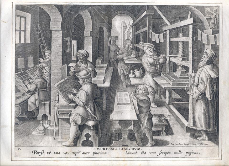 onbekend (graveur), Jan van der Straet, Joannes Galle, De uitvinding van de boekdrukkunst, PK.OPB.0186.005, Collectie Stad Antwerpen, Museum Plantin-Moretus
