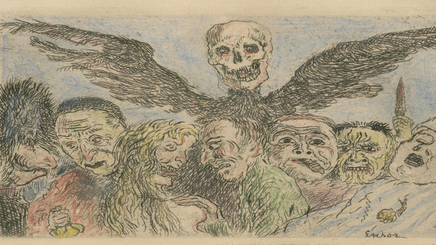 	James Ensor, De hoofdzonden beheerst door de dood, 1904, Ets, handgekleurd met waterverf, Collectie Stad Antwerpen, Museum Plantin-Moretus