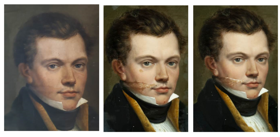 Na het wegnemen van het oppervlaktevuil dunnen we de vergeelde vernislaag af zodat de originele kleuren zichtbaar worden.  Achterblijvende oude storende olieretouches verwijderen we manueel met het scalpel