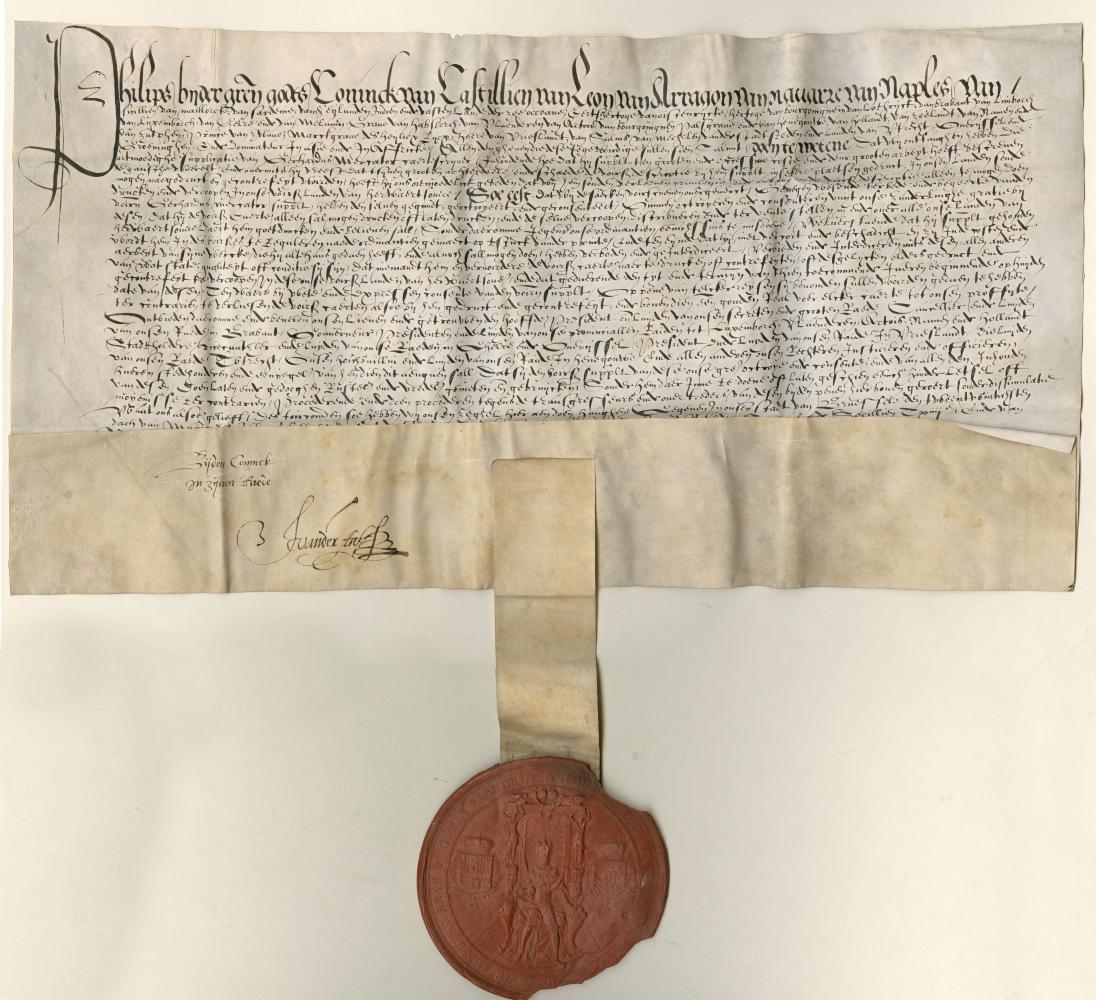 Collectie stad Antwerpen, Museum Plantin-Moretus, Arch. 1179, stuk 103, Privilege toegekend door de Geheime Raad aan Gerard Mercator voor zijn wereldkaart (mappa universalis) voor de periode van tien jaar, 22 mei 1569