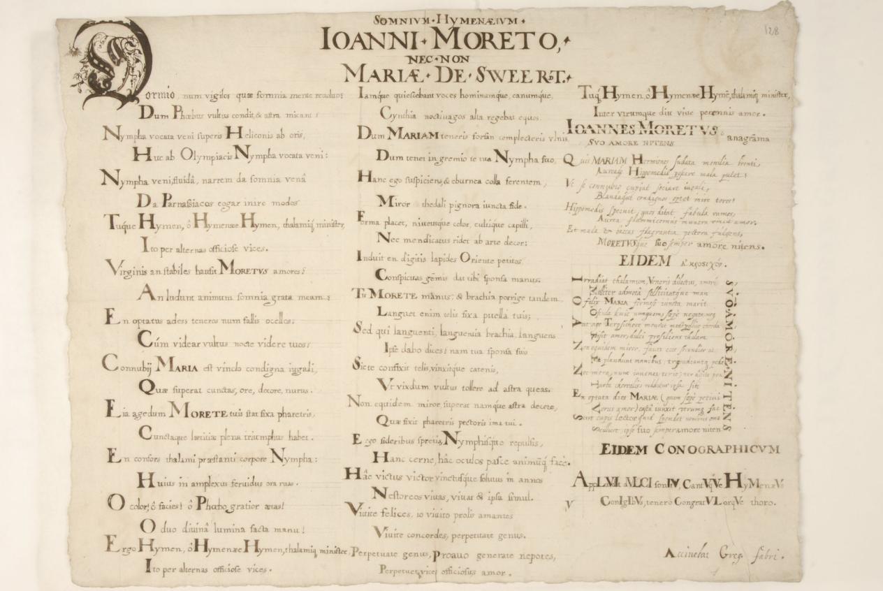 Gregorius Fabri, Somnivm hymenævm Ioanni Moreto, nec non Mariæ de Sweert, juli 1605 (MPM Arch. 1150a, fol. 182 recto)