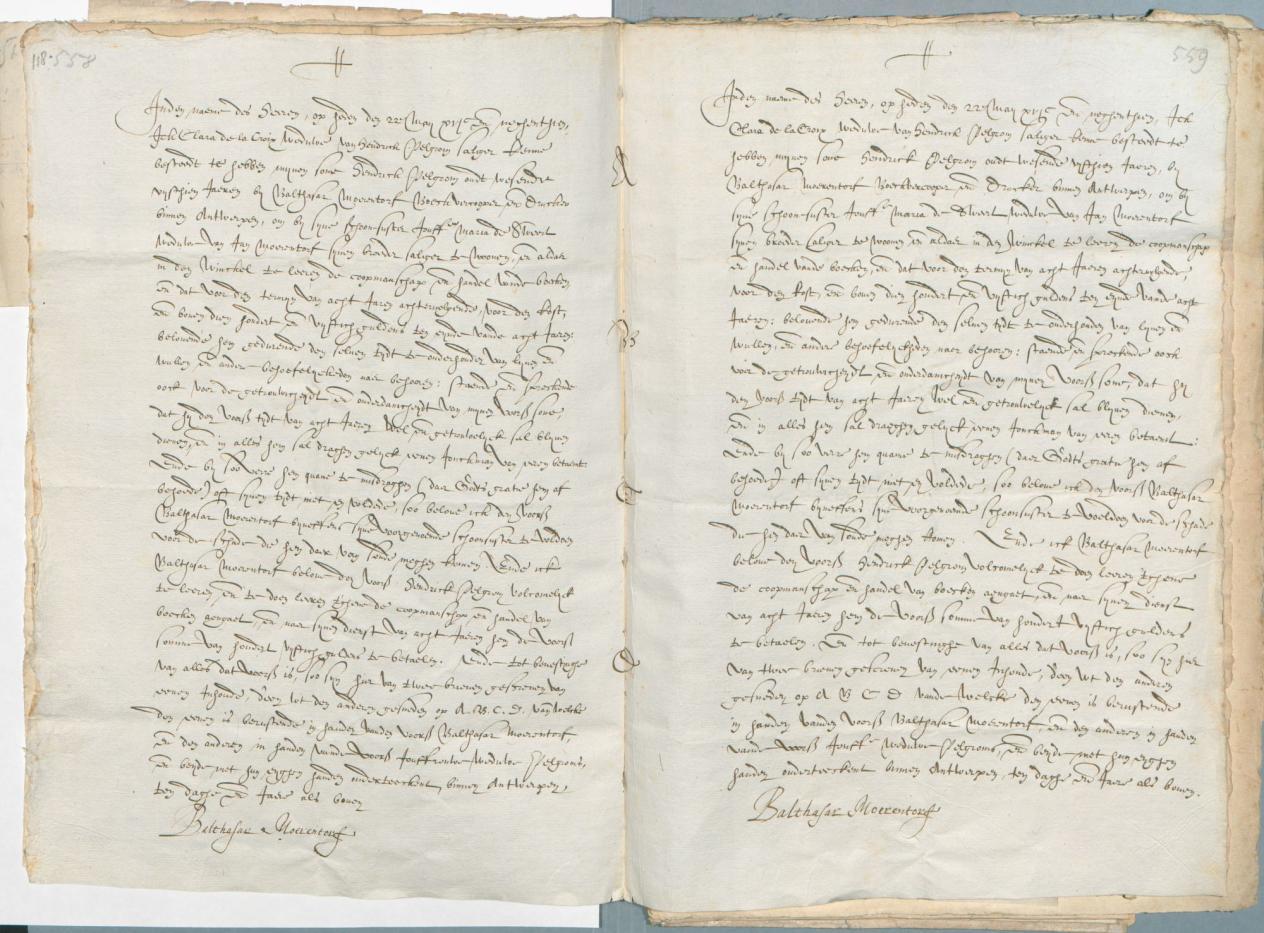 Stage-overeenkomst tussen Clara de la Croix en Balthasar I Moretus met betrekking tot Hendrik Pelgrom de Jonge, 22 mei 1619 (MPM Arch. 118, pp. 558-559)