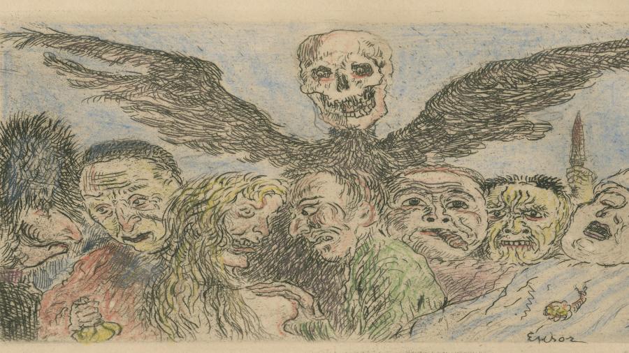 	James Ensor, De hoofdzonden beheerst door de dood, 1904, Ets, handgekleurd met waterverf, Collectie Stad Antwerpen, Museum Plantin-Moretus